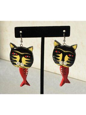 Cat with Fish Pierced Earrings